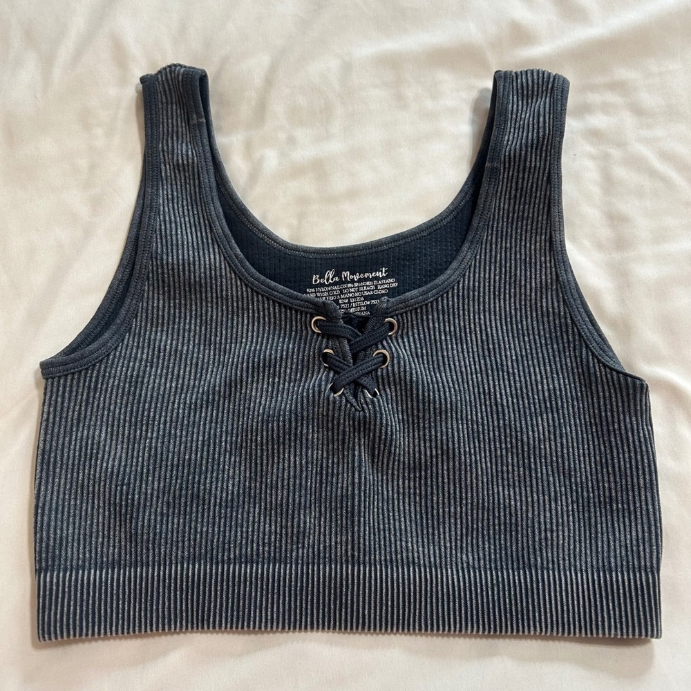 Bella Movement‎ Ribbed Lace Up Bralette Charcoal Grey Acid Wash Medium Tank